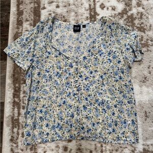 GAP Cream Floral Button-Front Blouse with Blue and Green Accents